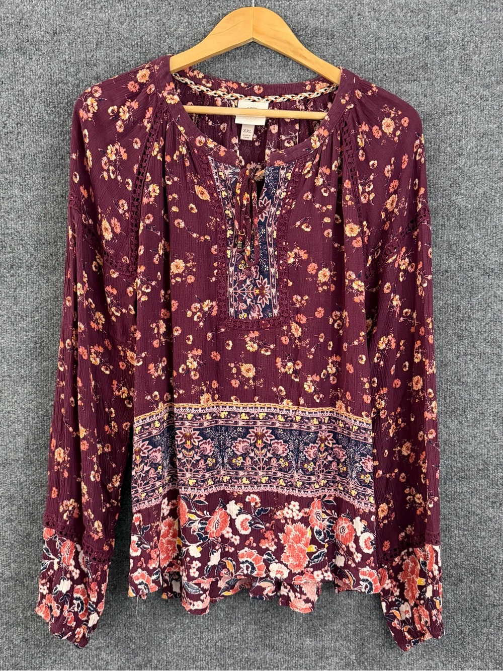 Knox Rose Womens Long Sleeve Floral Boho Peasant Top Burgundy Fall XXL